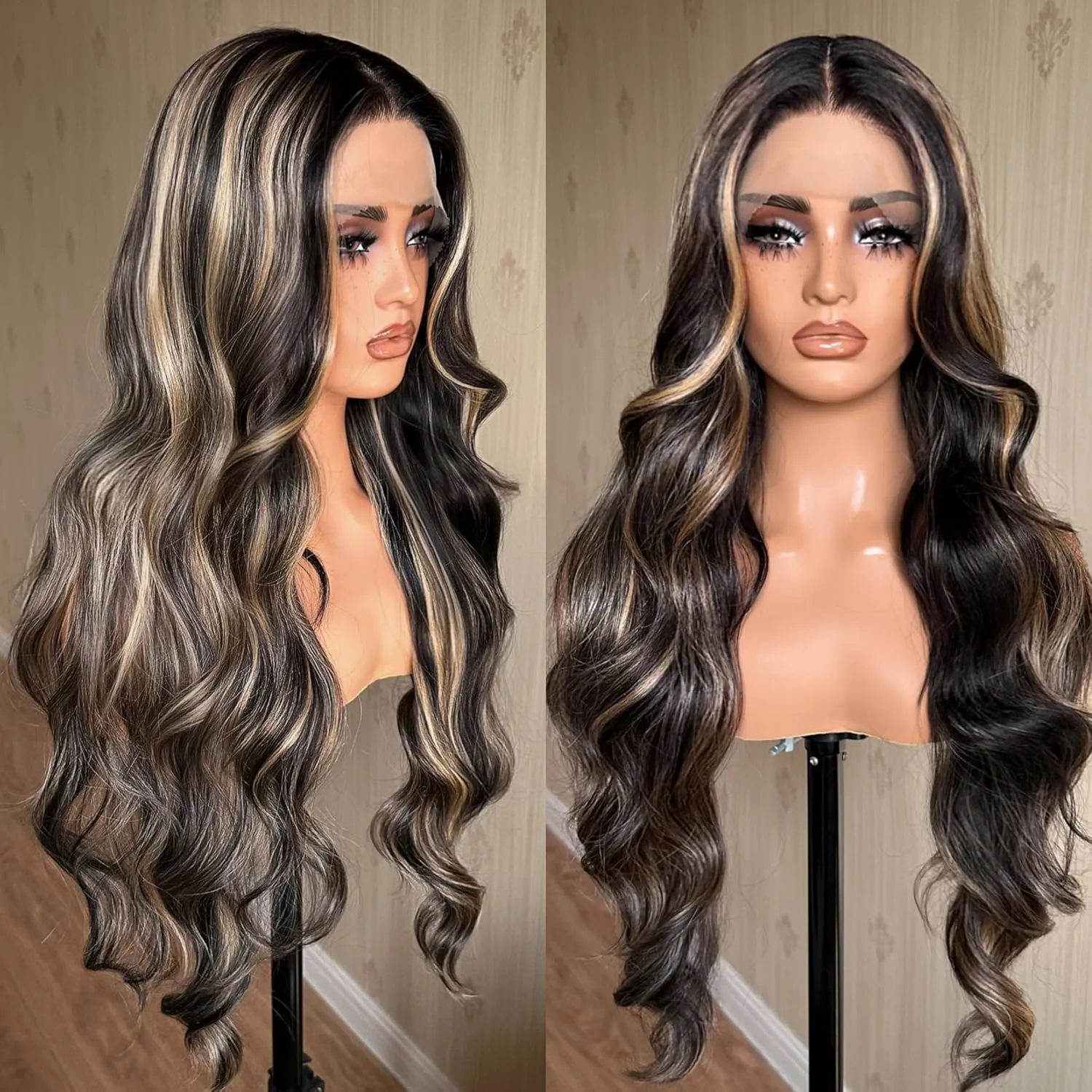 X-TRESS 30 Inch Blonde Highlight Lace Front Wigs 180 Density Balayage Wig Ombre Lace Frontal Wigs Body Wave Glueless Wigs Pre Plucked 13x4x1 Synthetic Wigs for Women