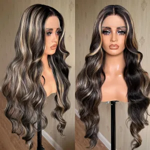 X-TRESS 30 Inch Blonde Highlight Lace Front Wigs 180 Density Balayage Wig Ombre Lace Frontal Wigs Body Wave Glueless Wigs Pre Plucked 13x4x1 Synthetic Wigs for Women