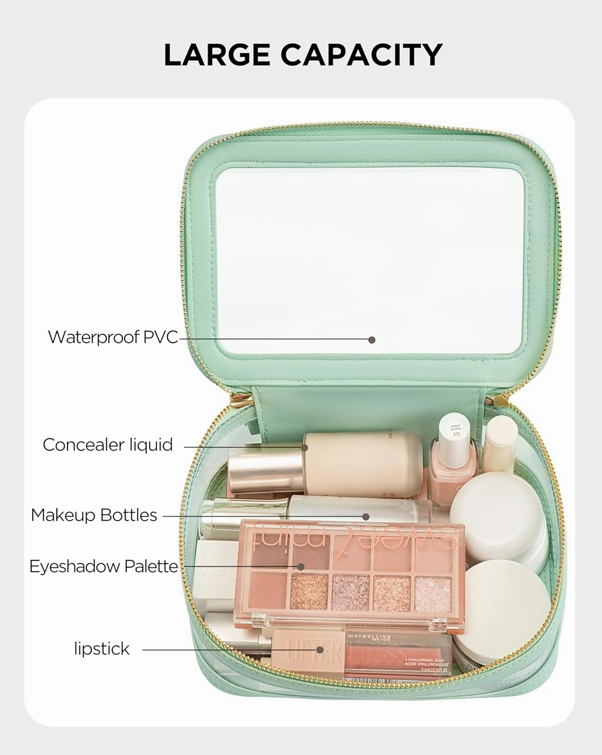 X-Large Clear Makeup Bag for Women, Portable Travel Makeup Bag Organizer Waterproof Toiletry Bag Cute Makeup Bags Cosmetic Bag Makeup Pouch, Green