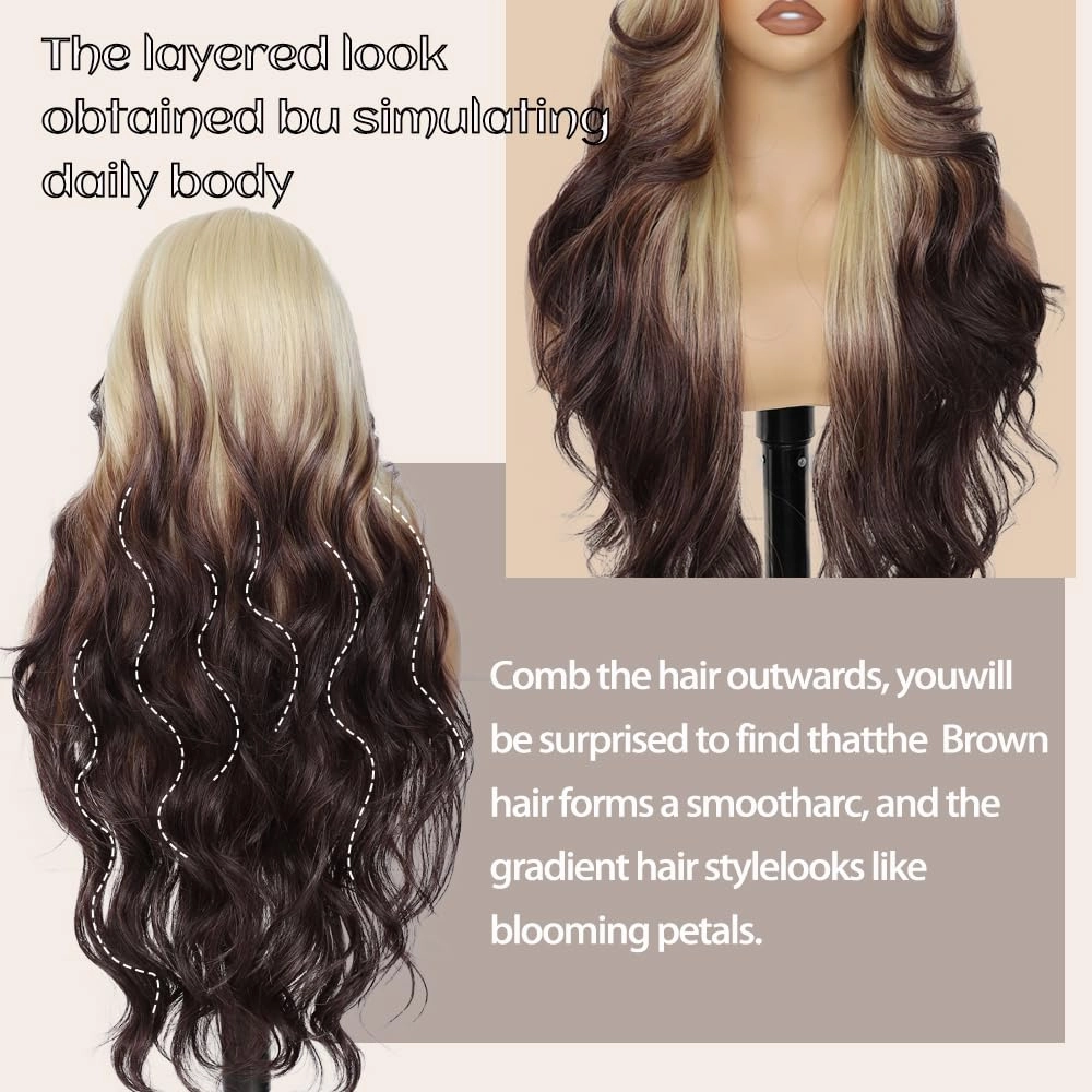 X-TRESS Blonde Brown Lace Front Wigs Ombre Body Wave Glueless Wig 13x4x1 Middle Part Lace Frontal Wigs 30 Inch Pre Plucked Wigs For Women Synthetic Wavy Long Wigs
