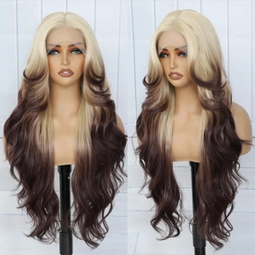 X-TRESS Blonde Brown Lace Front Wigs Ombre Body Wave Glueless Wig 13x4x1 Middle Part Lace Frontal Wigs 30 Inch Pre Plucked Wigs For Women Synthetic Wavy Long Wigs