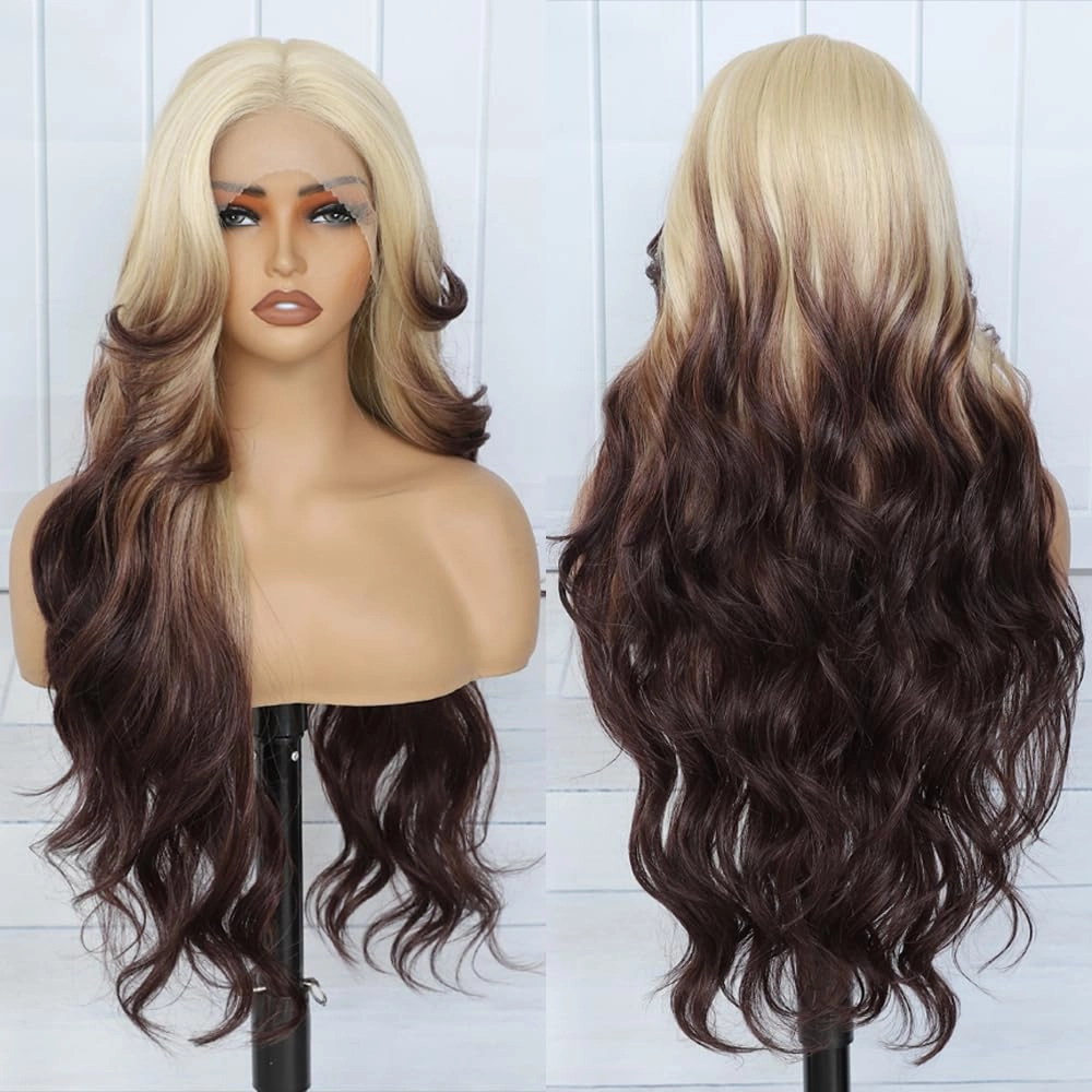X-TRESS Blonde Brown Lace Front Wigs Ombre Body Wave Glueless Wig 13x4x1 Middle Part Lace Frontal Wigs 30 Inch Pre Plucked Wigs For Women Synthetic Wavy Long Wigs