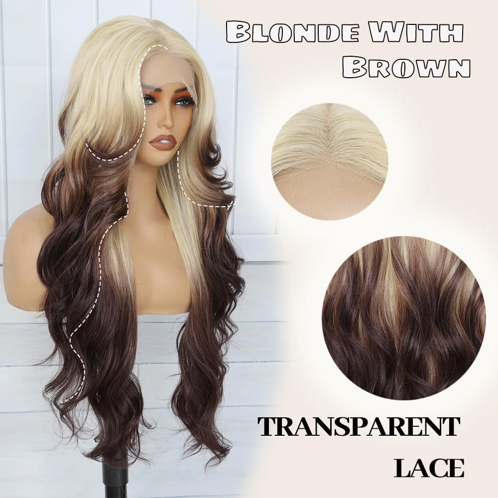 X-TRESS Blonde Brown Lace Front Wigs Ombre Body Wave Glueless Wig 13x4x1 Middle Part Lace Frontal Wigs 30 Inch Pre Plucked Wigs For Women Synthetic Wavy Long Wigs
