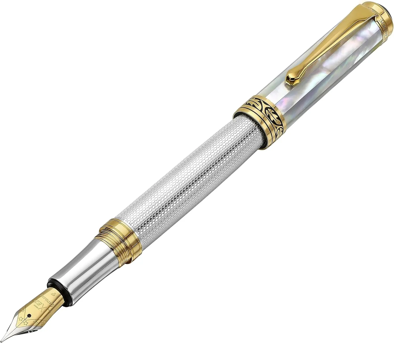 Xezo Maestro Fountain Pen, Fine Nib. Solid 925 Sterling Silver with Oceanic White Mother of Pearl and 18 Karat Gold Plating. Handcrafted, Limited Edition, Serialized