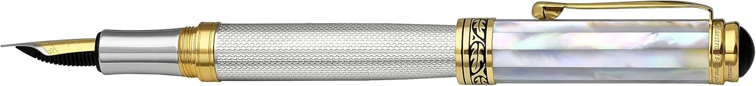 Xezo Maestro Fountain Pen, Fine Nib. Solid 925 Sterling Silver with Oceanic White Mother of Pearl and 18 Karat Gold Plating. Handcrafted, Limited Edition, Serialized