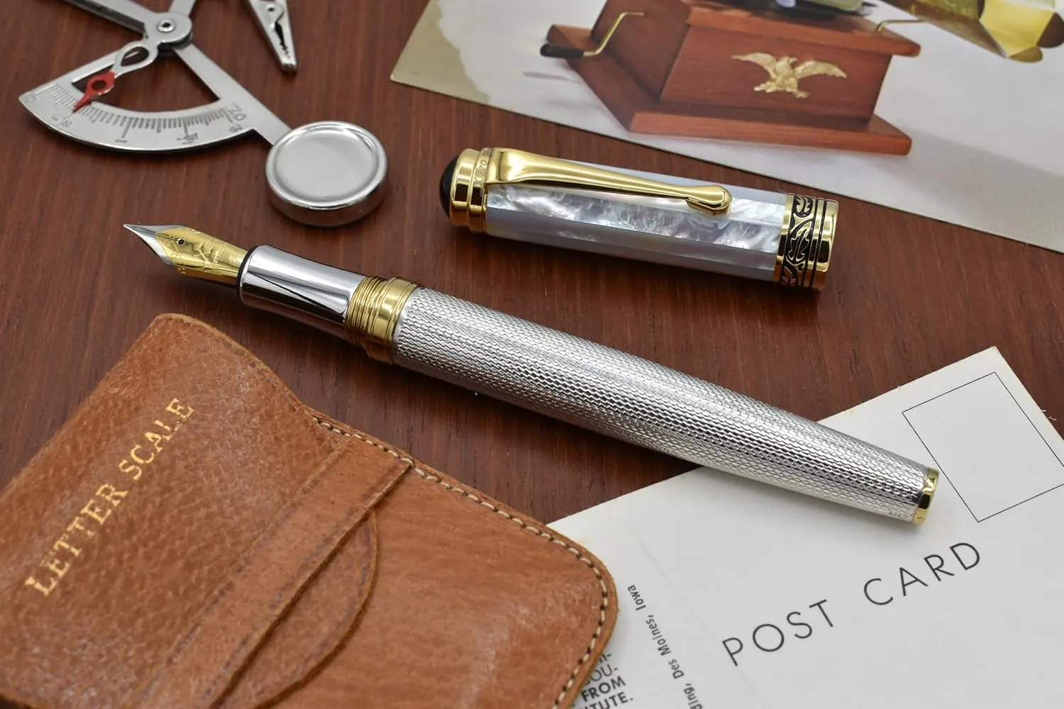 Xezo Maestro Fountain Pen, Fine Nib. Solid 925 Sterling Silver with Oceanic White Mother of Pearl and 18 Karat Gold Plating. Handcrafted, Limited Edition, Serialized