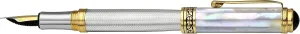 Xezo Maestro Fountain Pen, Fine Nib. Solid 925 Sterling Silver with Oceanic White Mother of Pearl and 18 Karat Gold Plating. Handcrafted, Limited Edition, Serialized