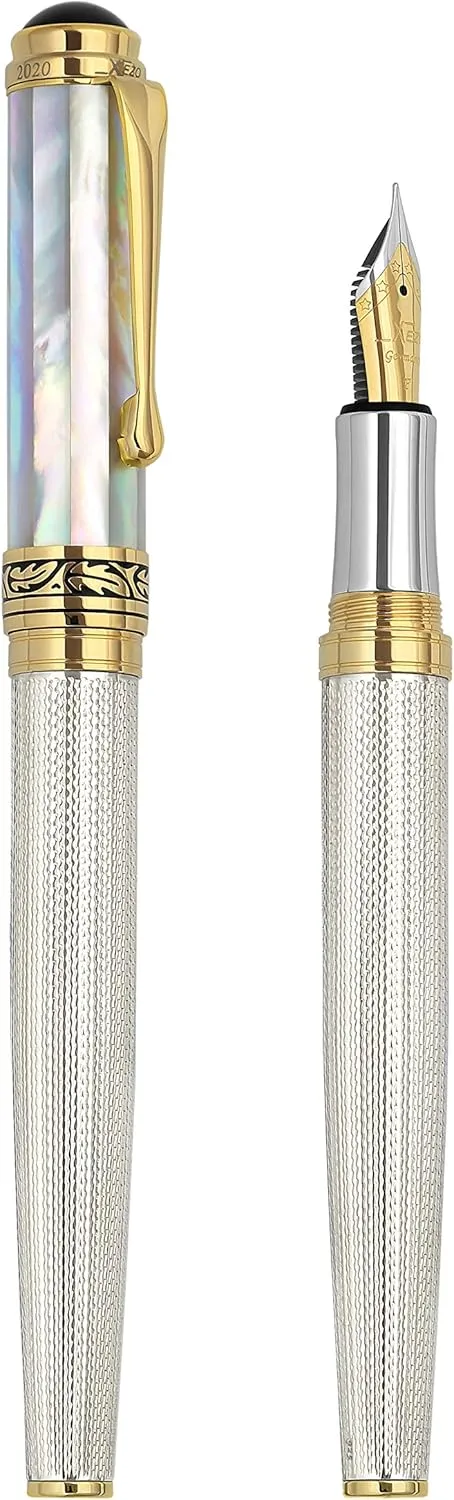 Xezo Maestro Fountain Pen, Fine Nib. Solid 925 Sterling Silver with Oceanic White Mother of Pearl and 18 Karat Gold Plating. Handcrafted, Limited Edition, Serialized