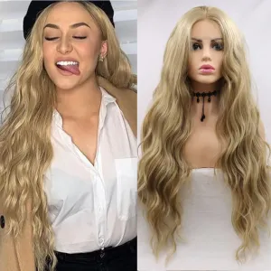 xiweiya Mixed Blonde Long Curly Wigs Middle Parting Glueless Ash Golden Synthetic Lace Front Wig Natural Looking Ash Blonde Hair Accession Anime Cosplay Wig Drag Queen Hair 24 Inch