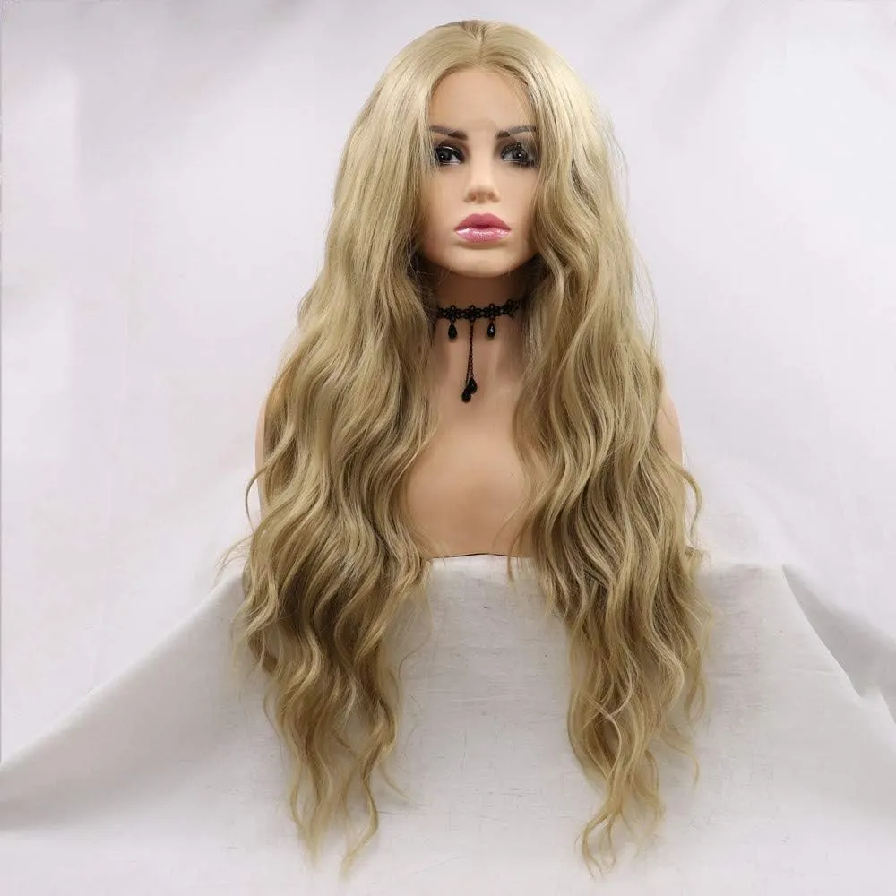 xiweiya Mixed Blonde Long Curly Wigs Middle Parting Glueless Ash Golden Synthetic Lace Front Wig Natural Looking Ash Blonde Hair Accession Anime Cosplay Wig Drag Queen Hair 24 Inch