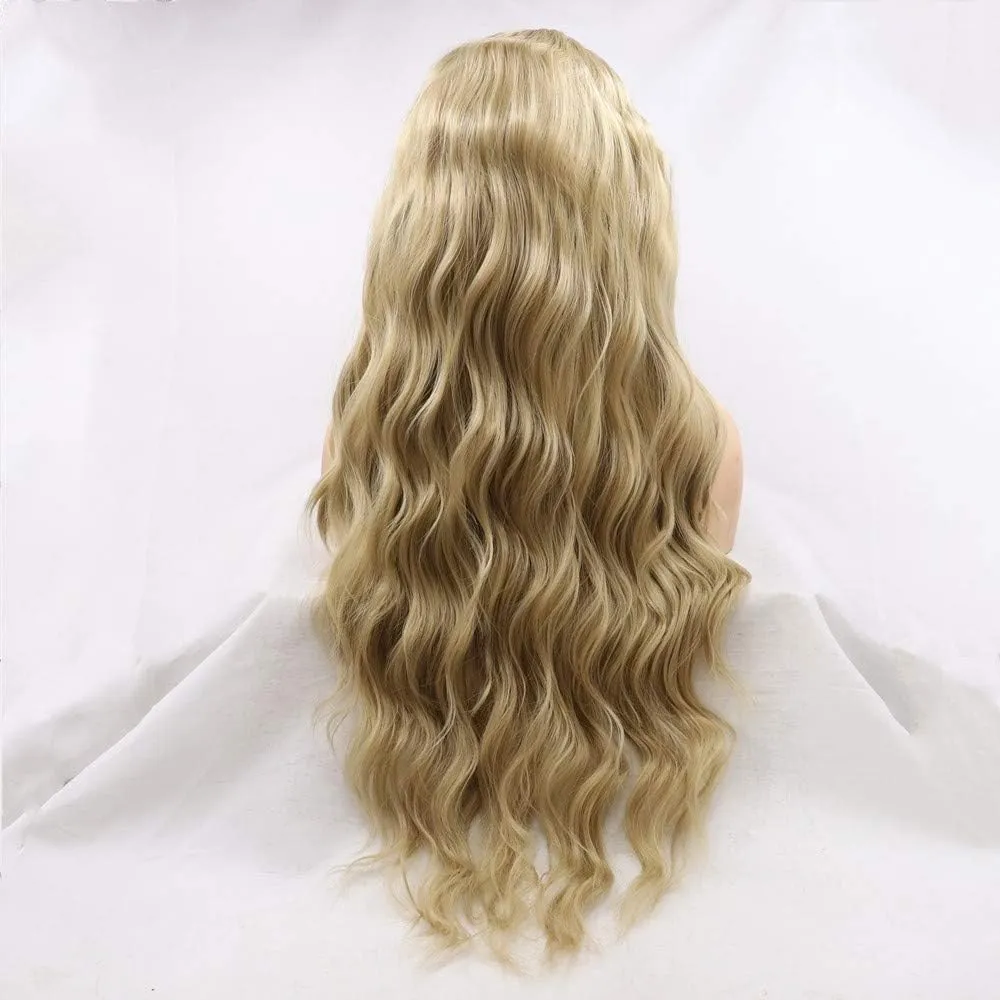 xiweiya Mixed Blonde Long Curly Wigs Middle Parting Glueless Ash Golden Synthetic Lace Front Wig Natural Looking Ash Blonde Hair Accession Anime Cosplay Wig Drag Queen Hair 24 Inch