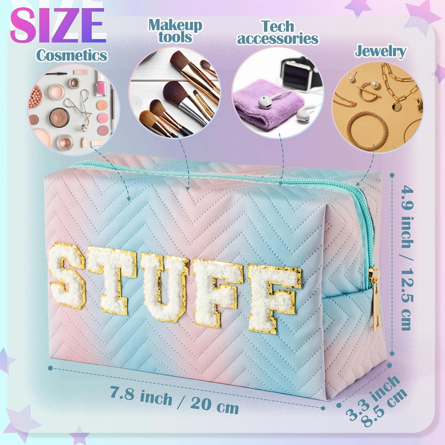Y1tvei 4Pcs Preppy Patch Hair Skin Face Stuff Blue Pink Gradient Makeup Bag Set Chenille Letter Pouch Cute Patch Fantasy Cosmetic Bag Waterproof Travel Toiletry Bag Carry On Zipper Organizer for Women