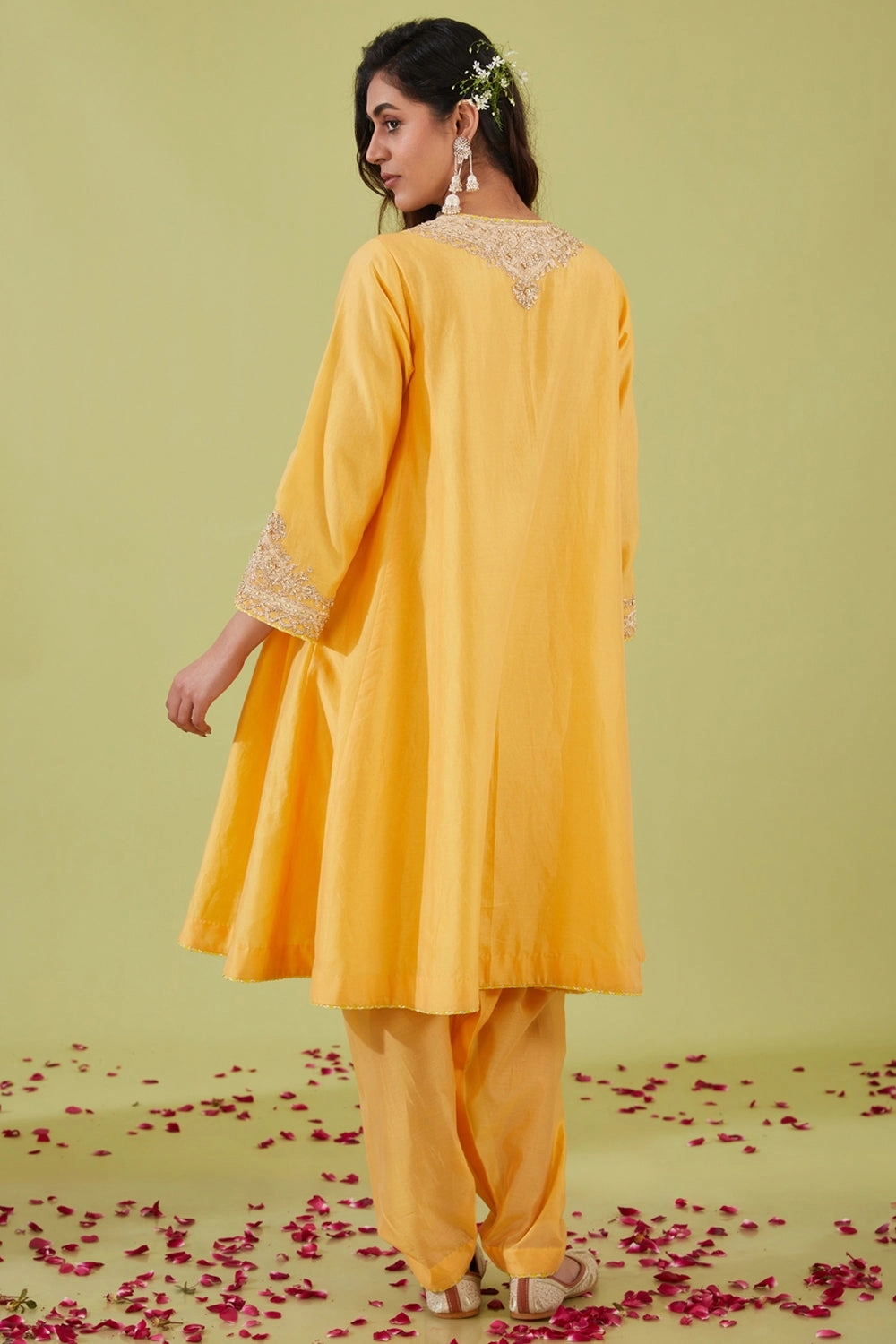 Yellow Short Kalidar Kurta With Salwar And Peach Dupatta