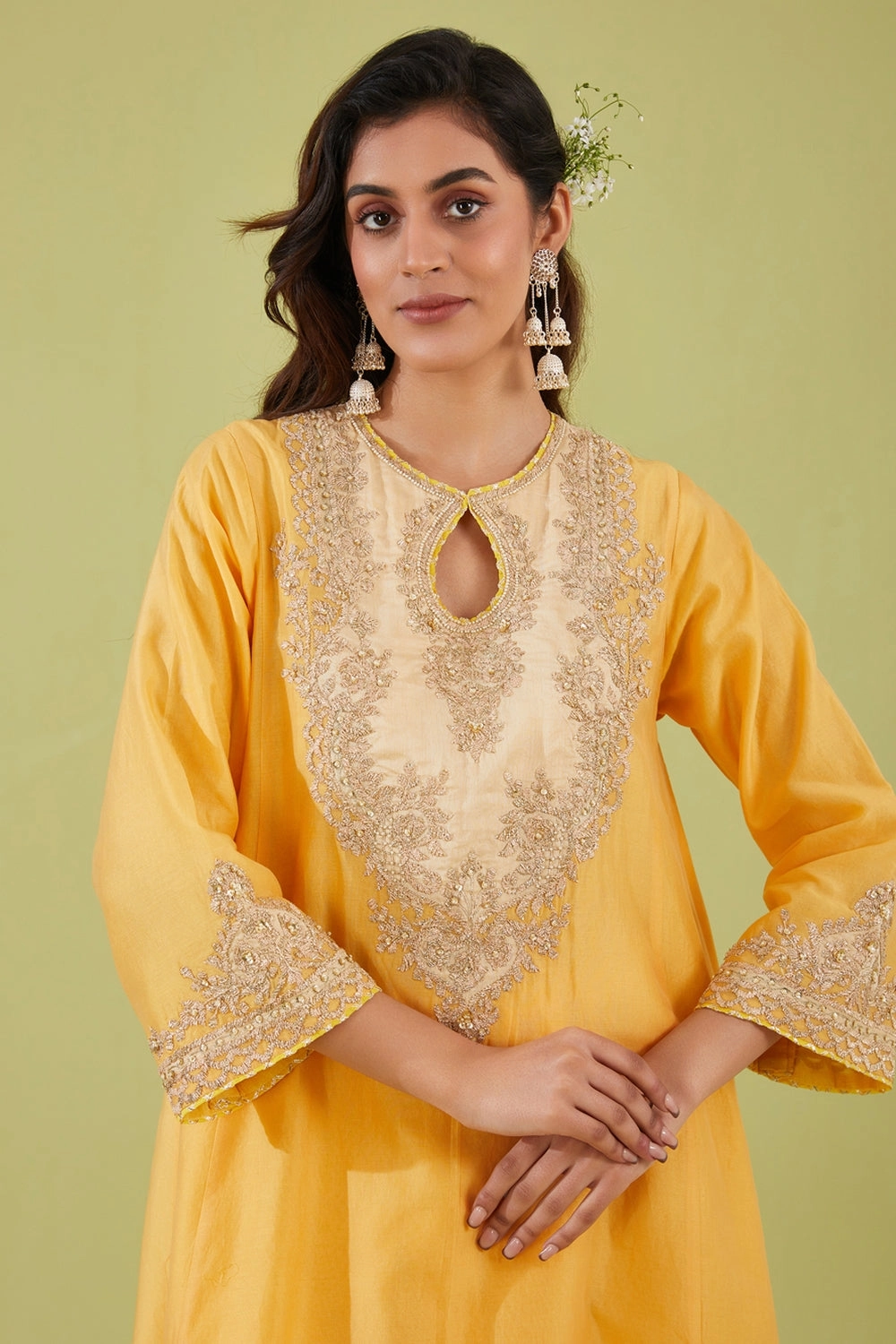 Yellow Short Kalidar Kurta With Salwar And Peach Dupatta