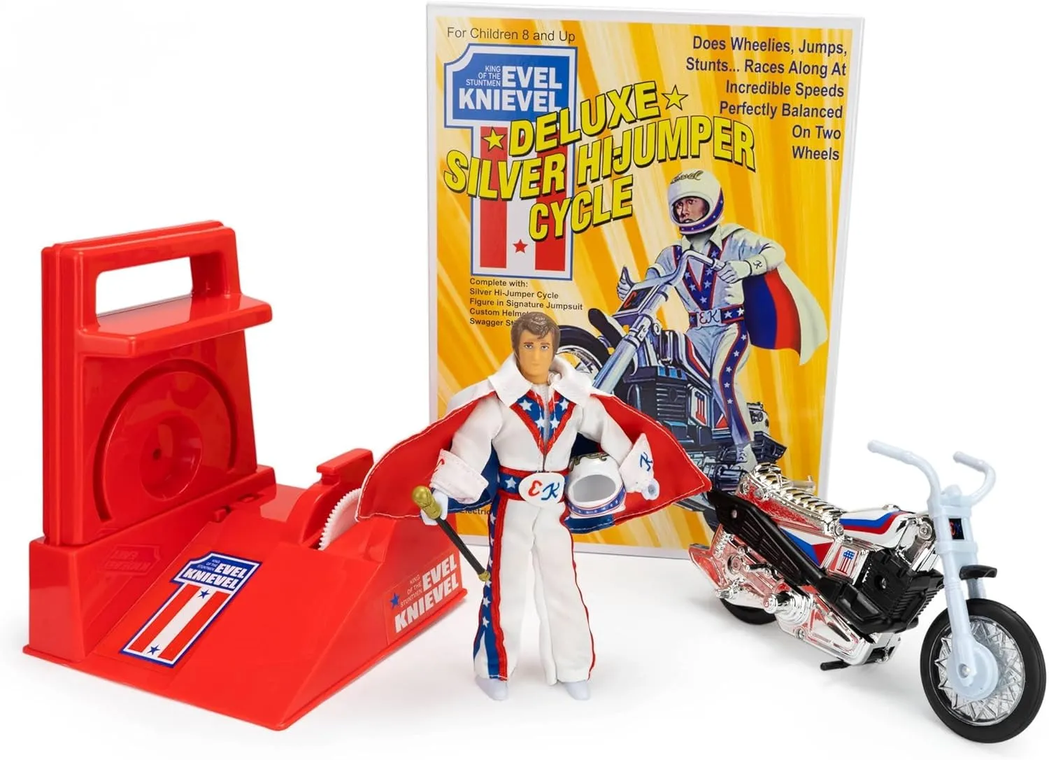Z Wind Ups Evel Knievel Deluxe Silver High Jumper Stunt Cycle - Iconic Retro Toy with Launcher for Extreme Jumps, Tricks, and Stunts | Durable, Fun, and Perfect | Classic Action Figure
